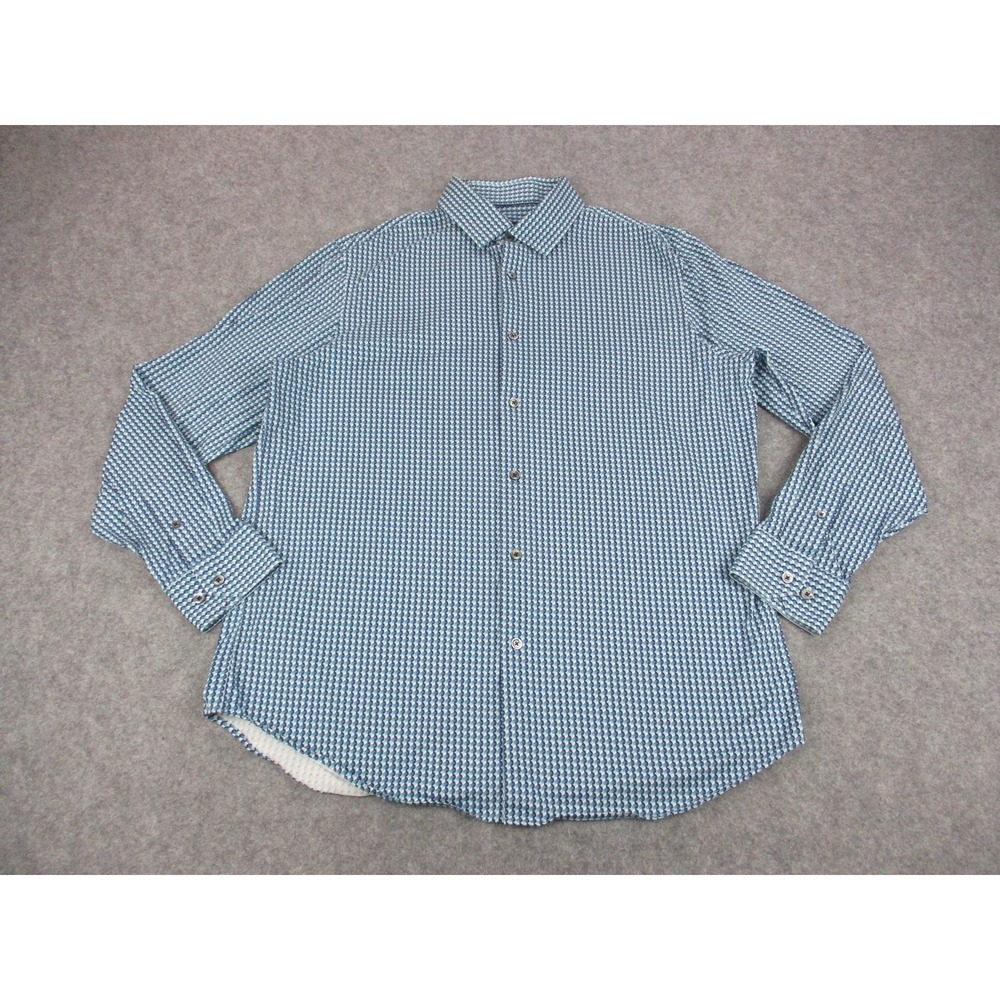Bugatchi Shirt Mens Large Blue Geometric Oooh Cotton Tech Stretch Button Up